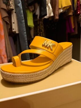 Michael Kors Mustard Yellow Espadrille Wedge Slide with MK Logo